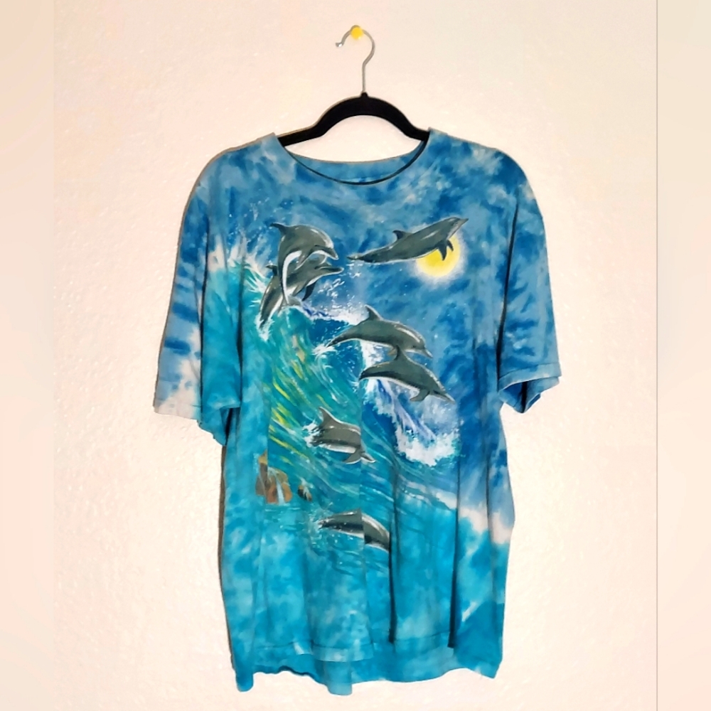 Liquud Blue Vtg 1999 Dolphin Ocean Wave Tie Dye  Crewneck T-Shirt Women's Size L